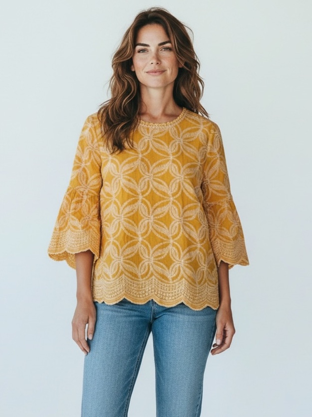 Solitaire Mustard Yellow Embroidered Scallop-Sleeve Blouse